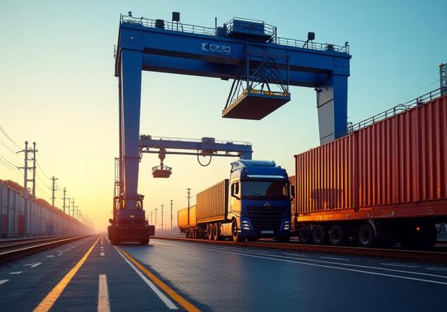 Intermodal container crane lifting freight from a truck to a freight train